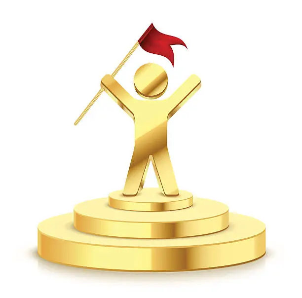Vector illustration of Small gold trophy showing man successfully holding flag