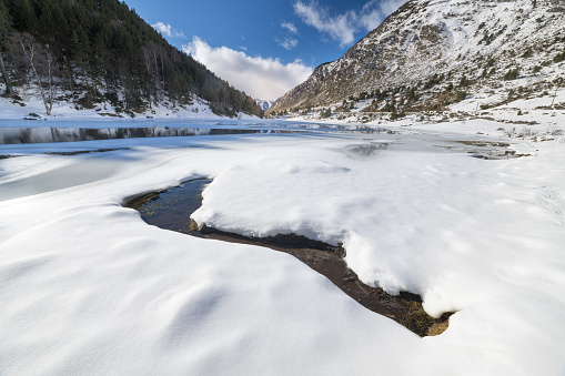 FRESH SNOW FILLS THE FOREGROUND WITH EVERGREEN TREES AND MOUNTAIN PEAK IN THE BACKGROUND, ASPEN COLORADO