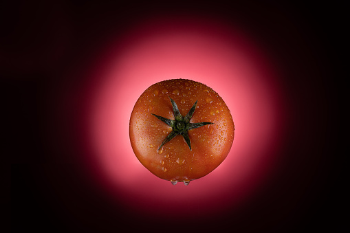 A top view closeup of tomato with waterdrops on it and a pink shadow of it on a black background
