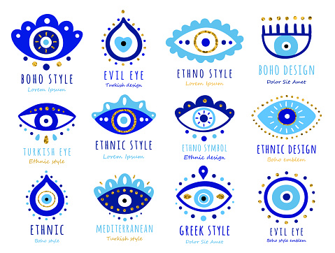 Ethnic boho style blue Greek protection from the spoilage signs with golden glitter details. Turkish evil eye symbols with sequins. EPS 10 vector illustration set. Isolated on the white background.