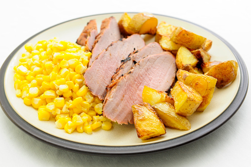 brined pork tenderloin with grilled corn and roasted potatoes