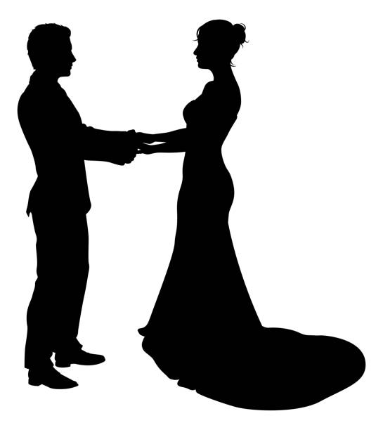 ilustraciones, imágenes clip art, dibujos animados e iconos de stock de novia y novio pareja vestido de novia siluetas - dancing women wedding reception men