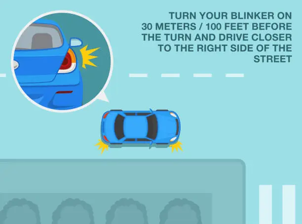 Vector illustration of Safe driving tips and rules. Turn your blinker on 30 meters or 100 feet before the turn. Close-up view of a turning signal. Top view.