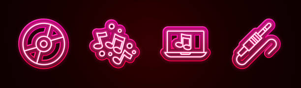 istock Set line Vinyl disk, Music note, tone, Laptop with music and Audio jack. Glowing neon icon. Vector 1478759216
