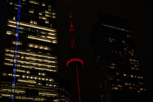 toronto, Canada – December 08, 2022: beautiful shoot of cn tower downtown toronto canada
