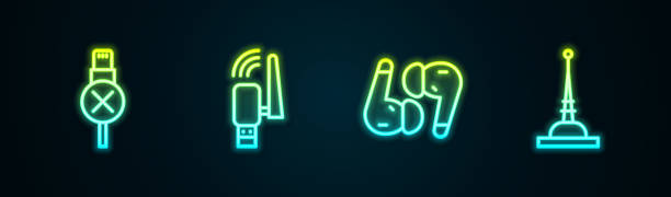 istock Set line No usb cable cord, Usb wireless adapter, Air headphones and Antenna. Glowing neon icon. Vector 1478759932