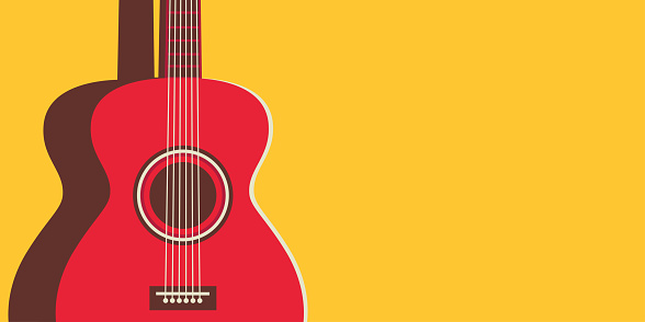Red acoustic guitar on a yellow background. Nearby there is an empty space for text or copy space.