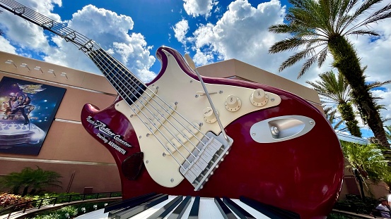 Orlando, United States – June 05, 2022: Wide angle of the guitar entrance to Rock N roller Coaster in Hollywood Studios