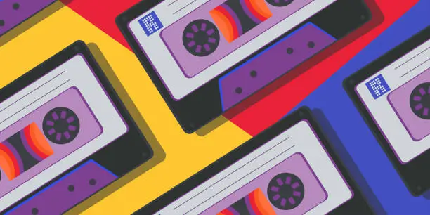 Vector illustration of Retro audio cassette pattern on multicolored background. Old school concept