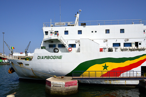 Dakar, Senegal: Diambogne, the ferry to Casamance / Ziguinchor (IMO: 9714458, MMSI 663097000), a  Passenger/Ro-Ro Cargo Ship, the route is operated by COSAMA, with a stopover in Carabane island - Autonomous Port of Dakar (PAD). Casamance, located between Gambia and Guinea-Bissau is a former Portuguese colony ceded to France in the 19th century, later becoming part of Senegal. Diambogne is named after the mythical ancestors of the Diolas.
