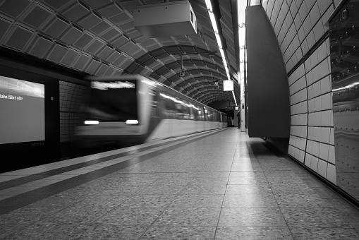 Toronto subway station in blurred. Shooting with a monochrome camera. Authentic photography without the use of artificial intelligence