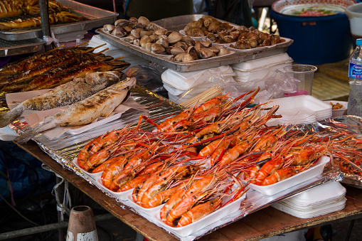 Sea food on a street food market in Bangkok, Thailand