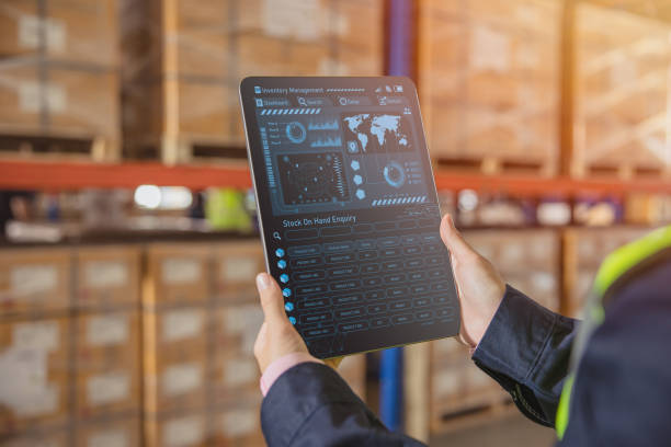 istock Smart warehouse management system for real time monitoring products storage shipping.  Computer logistics screen showing inventory dashboard stock control software. 1478771993