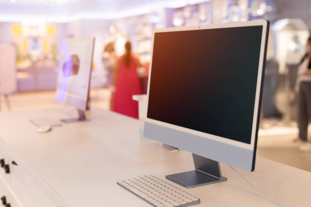 istock Computer desktop on counter bar for internet service or customer information blank screen for advertising 1478772176