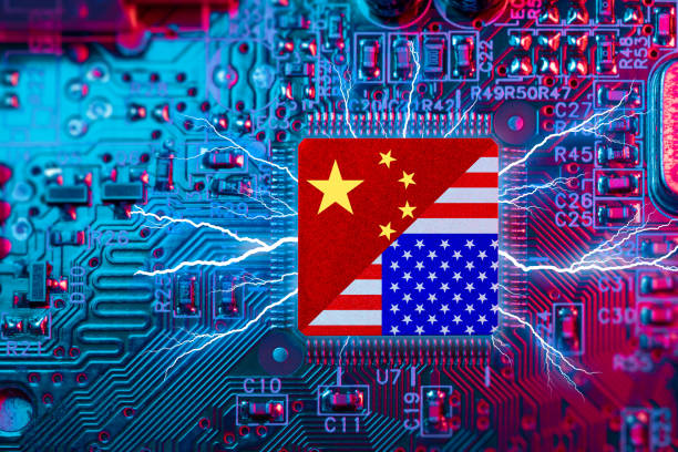 istock Flag USA and China on Computer CPU. Chip War Crisis, Global semiconductor technology factory fighting supply battle over chips manufacturing USA and China. 1478772184