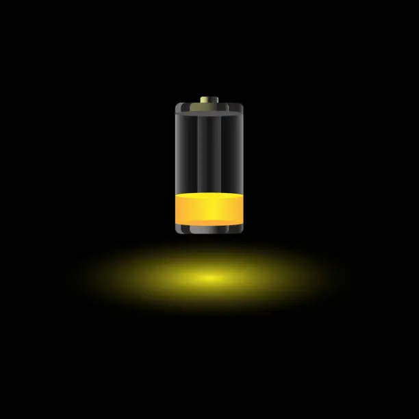 Vector illustration of Discharged empty battery glowing with yellow light charging status indicator isolated on black background.