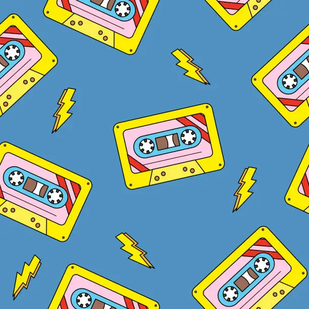 Vector illustration of Seamless pattern with old fashioned cassette, doodle style flat vector