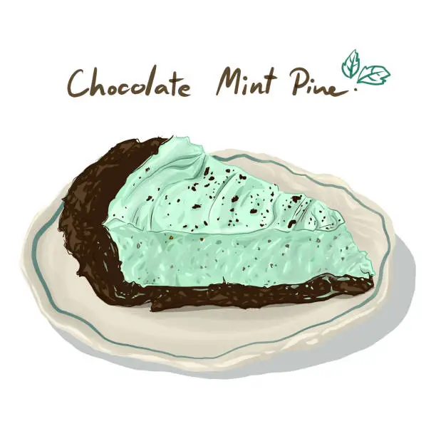 Vector illustration of A piece of chocolate mint pie on crockery plate