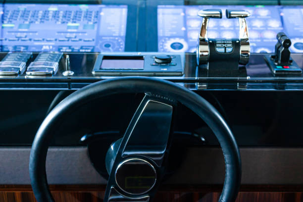 istock Luxury yacht cockpit with dashboard, steering wheel and acceleration levers. 1478781843