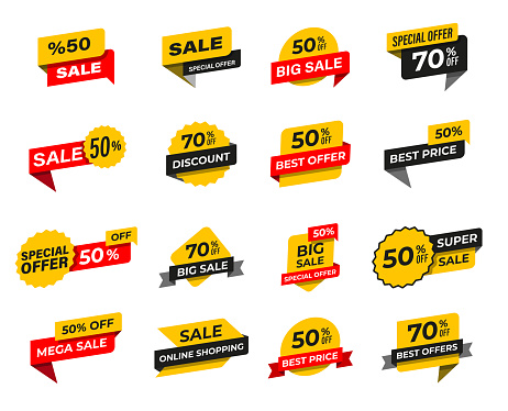 Sale tags collection. Special offer, big sale, discount, best price, mega sale banner set. Flat design of shopping or online shopping. Sticker, badge, coupon.