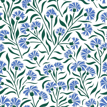 Aesthetic contemporary printable seamless pattern with cornflowers. Modern floral background for textile, fabric, wallpaper, wrapping, paper, scrapbook and packaging. Vector naive art print