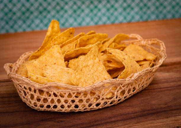 istock Mexican traditional chips nachos in basket. Chips in basket - Mexican chips in a basket on table. Tortilla. Triangle. Wooden. Stack. 1478784203
