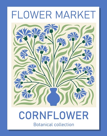 Trendy botanical wall art of cornflower. Flower market poster concept template perfect for postcards, wall art, banner. Modern naive groovy funky interior decorations, paintings. Vector print