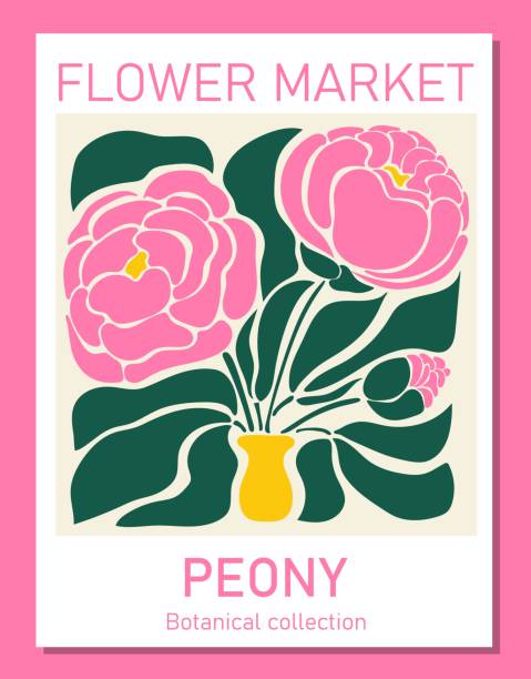 modna botaniczna sztuka ścienna piwonii. szablon koncepcyjny plakatu targu kwiatowego idealny do pocztówek, grafiki ściennej, banera - flower market stock illustrations