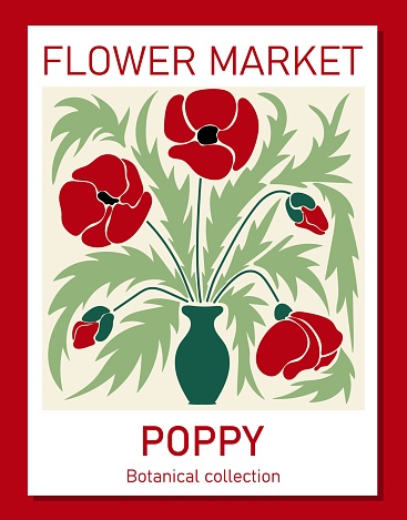 Trendy botanical wall art of red poppies. Flower market poster concept template perfect for postcards, wall art, banner. Modern naive groovy funky interior decorations, paintings. Vector print