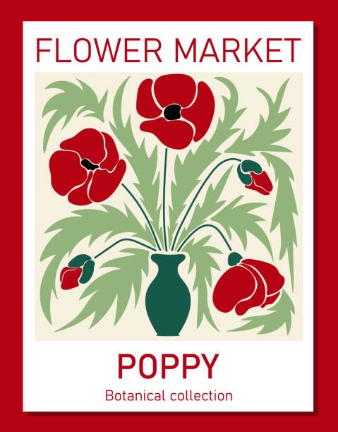 Trendy botanical wall art of red poppies. Flower market poster concept template perfect for postcards, wall art, banner Trendy botanical wall art of red poppies. Flower market poster concept template perfect for postcards, wall art, banner. Modern naive groovy funky interior decorations, paintings. Vector print red poppy stock illustrations