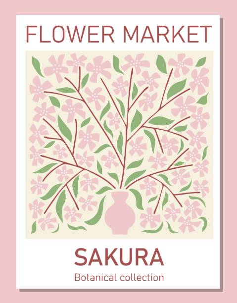 modna botaniczna sztuka ścienna kwiatów sakury. szablon koncepcyjny plakatu targu kwiatowego idealny do pocztówek, grafiki ściennej, banera - flower market stock illustrations