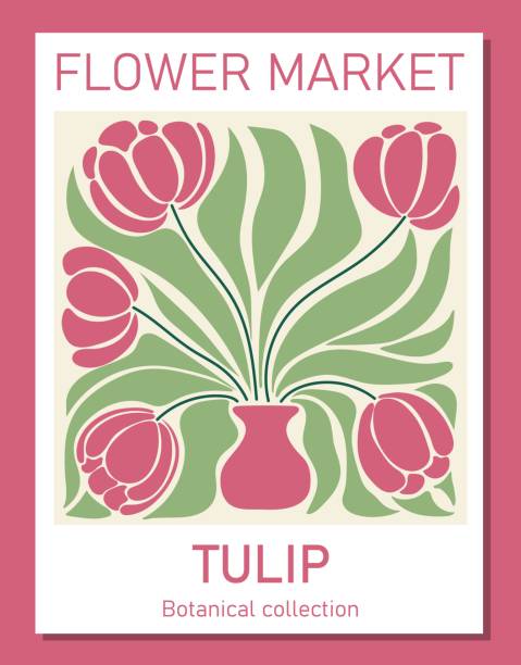 illustrazioni stock, clip art, cartoni animati e icone di tendenza di arte murale botanica alla moda dei tulipani. modello concettuale per poster del mercato dei fiori perfetto per cartoline, arte murale, banner - flower market immagine