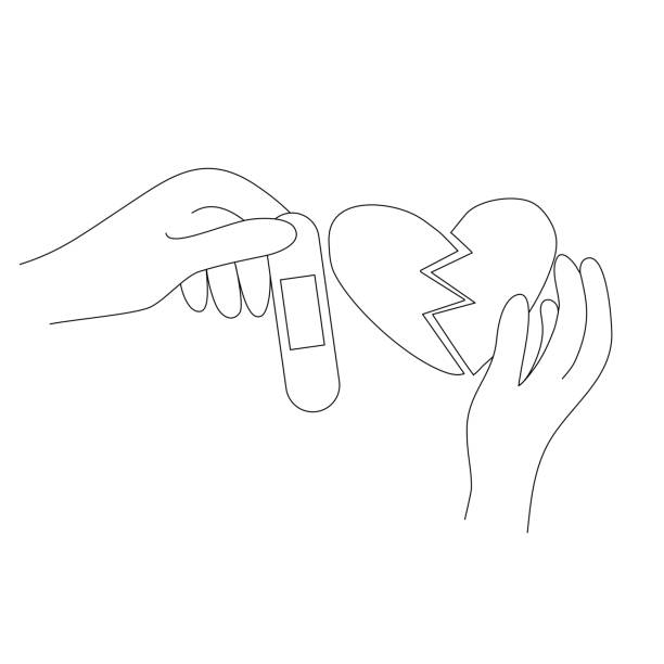 Two hands trying to repair broken heart with a patch, doodle style vector outline for coloring book Two hands trying to repair broken heart with a patch, reconciliation concept, doodle style flat vector outline illustration for kids coloring book divorce-drawings stock illustrations