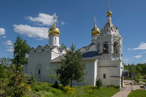 Sergiev Posad. Russia. June 07, 2022. Architecture of the Orthodox Church of the Most Holy Theotokos and Paraskeva the Great Martyr at the fortress walls of the Trinity-Sergius Lavra.