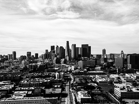 Los Angeles, United States – December 09, 2022: A grayscale view of the modern downtown Los Angeles city skyline