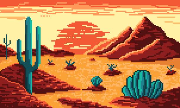 山とサボテンの背景にピクセルの熱い砂漠 - west cactus desert utah点のイラスト素材／クリップアート素材／マンガ素材／アイコン素材