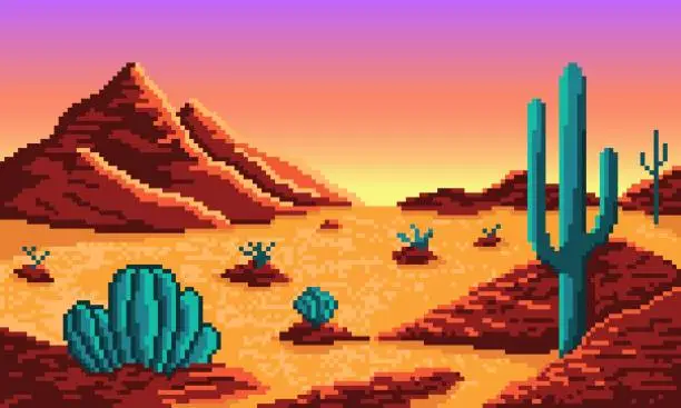 Vector illustration of Pixel desert with mountains and cacti background