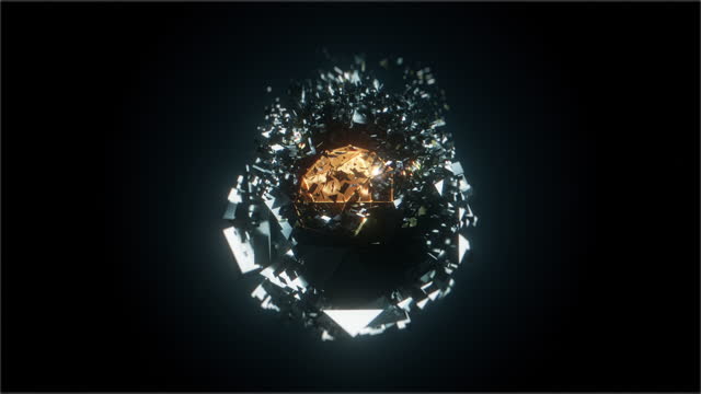 Fractured futuristic silver sphere and golden core loop animation