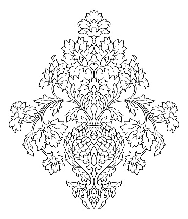 Floral traditional damask. Vector contour design element on a white background.  Oriental medallion for carpet, wallpaper, textile.