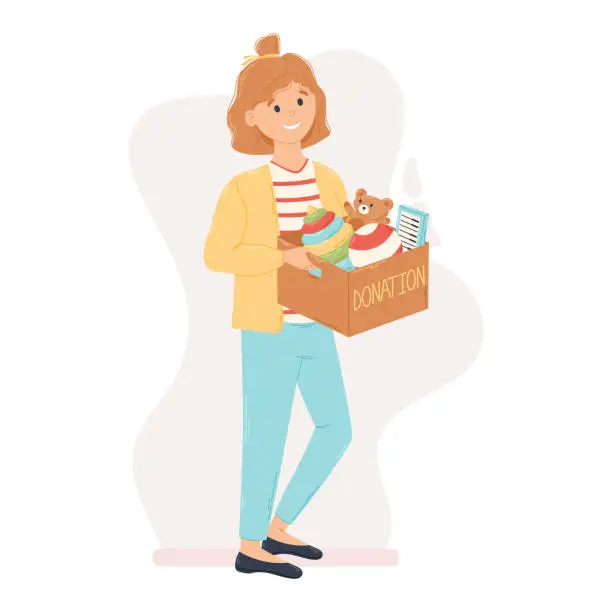Vector illustration of Cartoon Smiling Girl holding Donation cardboard Box full of Toys. Social care and support for poor children.