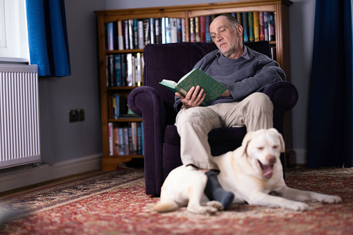 Caucasian man in his 60s reading a book in his study with his faithful dog by his side.