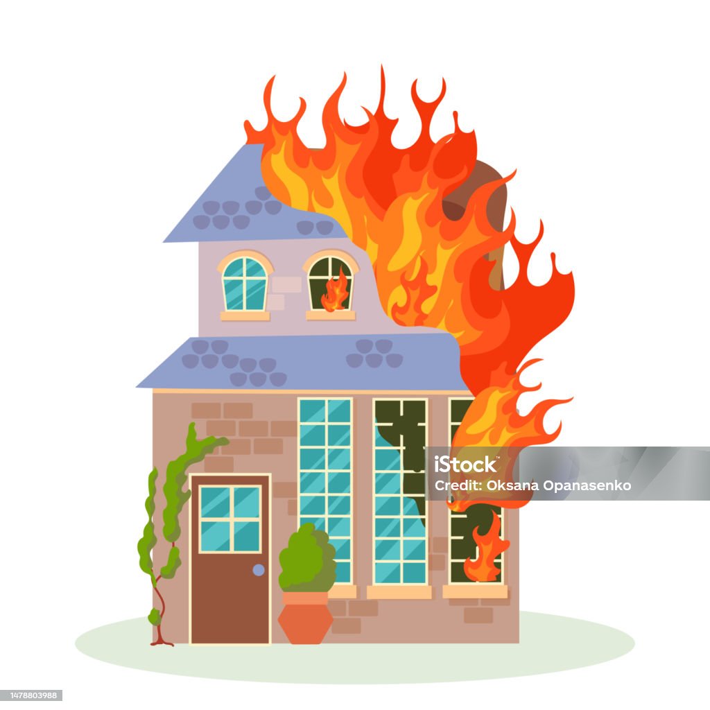 Fire The Destroyed Building Is On Fire Ruined City Buildings After The