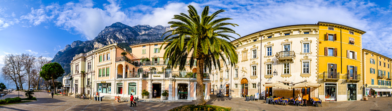 Riva del Garda, Italy - March 10: historic buildings at the old town of Riva del Garda on March 10, 2023