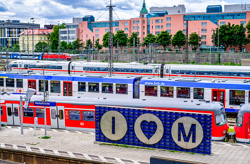 Munich, Germany - June 6: the I love Munich sign at the at the Hackerbruecke station in Munich on June 6, 2022
