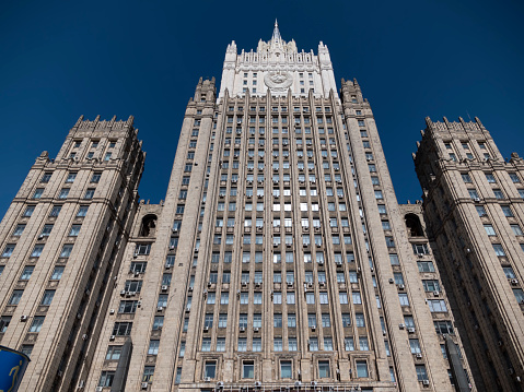 MOSCOW, RUSSIA - JULE 27 2022: The main building of Ministry of Foreign Affairs is one of the famous seven skyscrapers, built in Stalinist style, on Jule 27, 2022 in Moscow, Russia