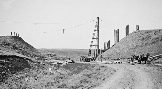 Construction of a Canadian National Railway bridge through the prairies in Alberta, Canada. Vintage photograph ca. 1926.