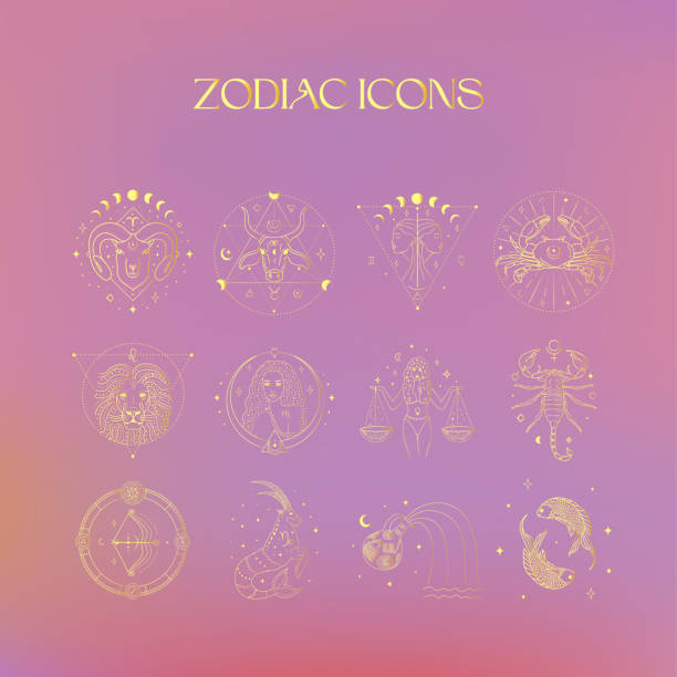 Zodiac Icons Golden Design Illustrations. Esoteric Vector Elements. Zodiac Golden Icons, Esoteric Abstract Illustrations, Mystic Spiritual Symbols. Astrology, Moon and Stars, Magic Esoteric Art. earth air fire water signs stock illustrations
