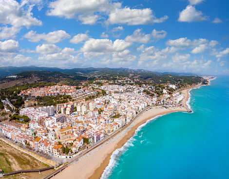 Sant Pol de Mar beach village aerial skyline in Barcelona Catalonia on Mediterranean sea of Spain. Costa del Maresme Coast