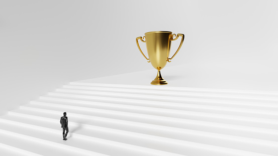 Ladder of success, creative concept. Black figure of a businessman walking up the abstract staircase to golden winners cup