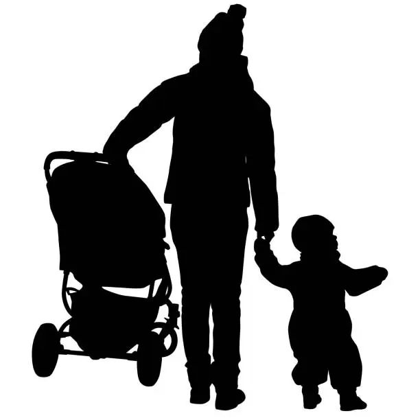 Vector illustration of Silhouettes walkings mothers with baby strollers on a white background